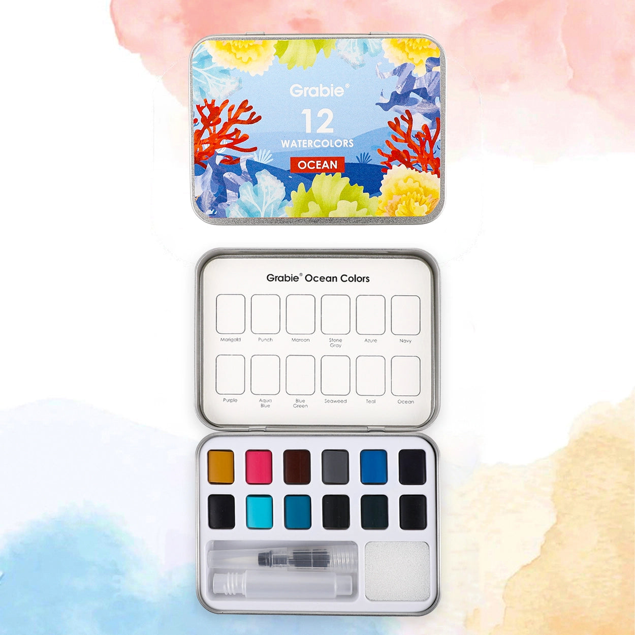 Grabie watercolor set with ocean-themed design on a colorful background