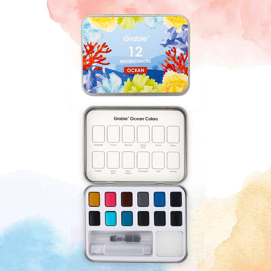 Grabie watercolor set with ocean-themed design on a colorful background