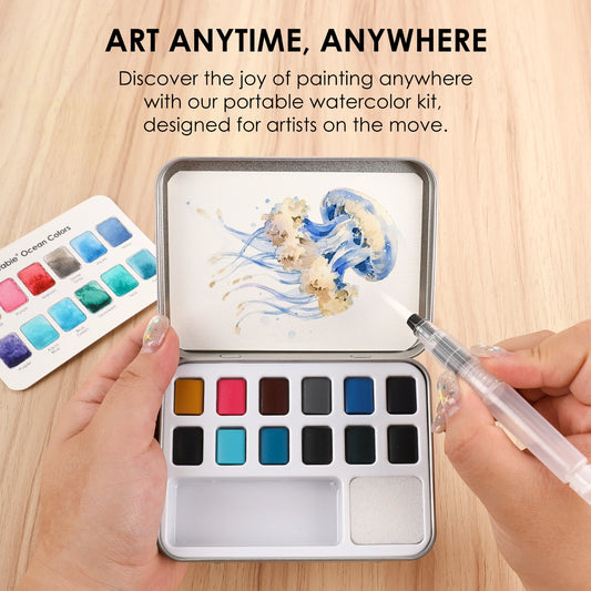 Portable watercolor kit with paint swatches and a pen on a wooden surface, with text 'Art Anytime, Anywhere'.