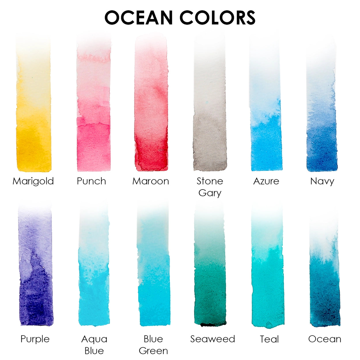 Color swatches labeled with ocean-themed names on a white background