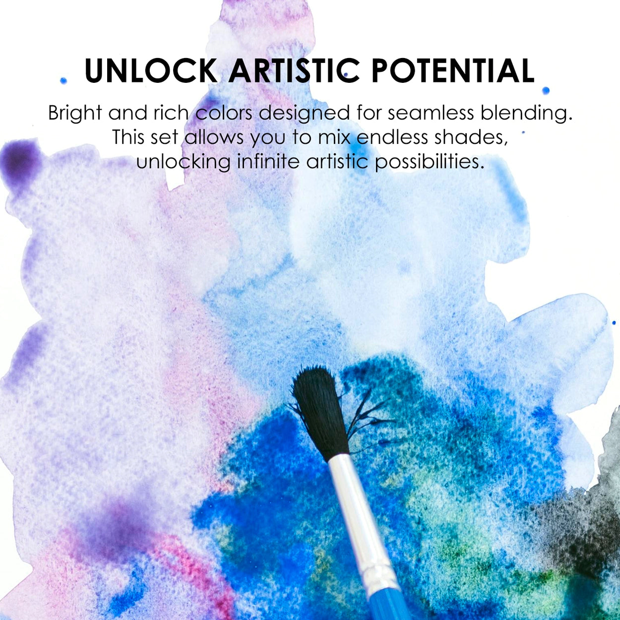 Colorful watercolor background with a brush, text about artistic potential.