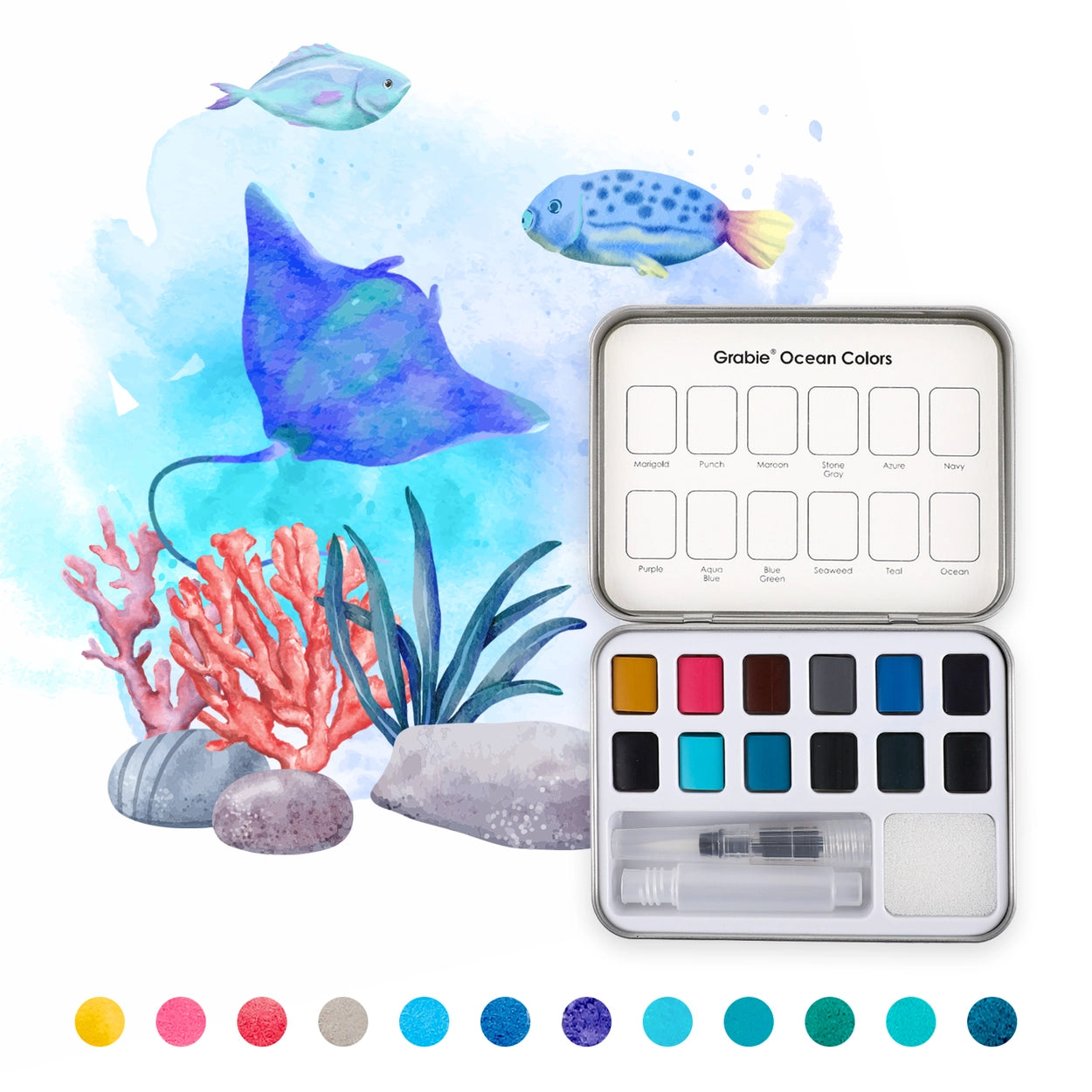 Set of watercolor paints with ocean-themed illustrations on a white background