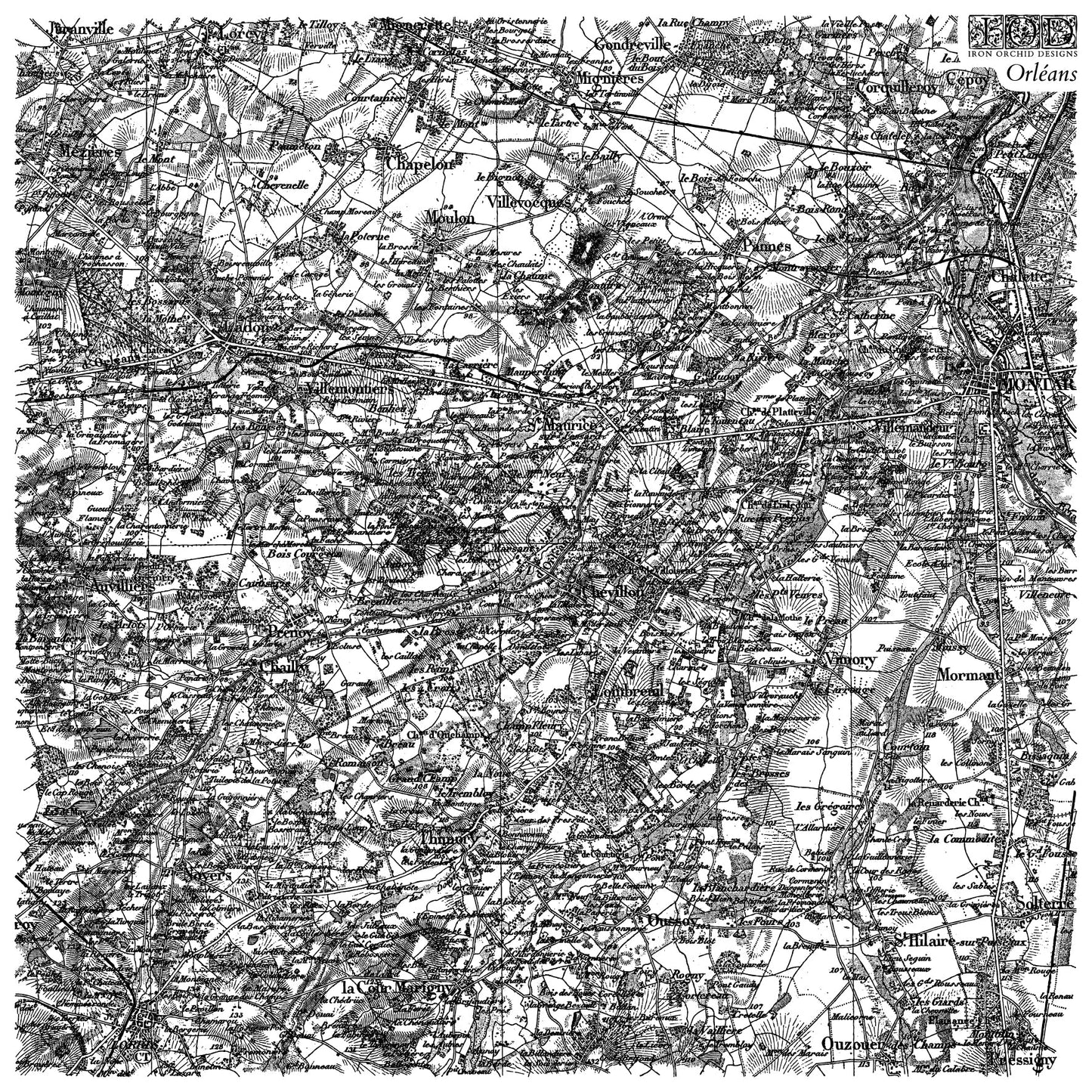 12" x 12" stamp with a vintage black and white map of a region with labeled places