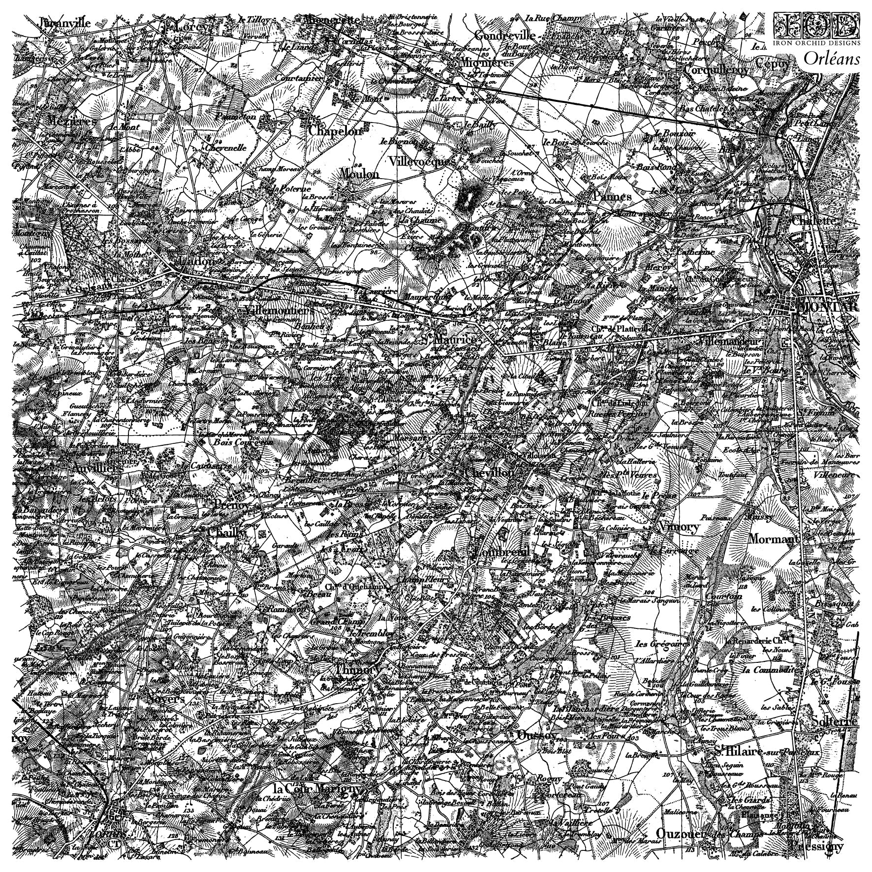12" x 12" stamp with a vintage black and white map of a region with labeled places