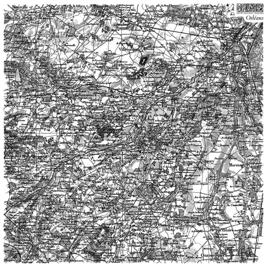 12" x 12" stamp with a vintage black and white map of a region with labeled places