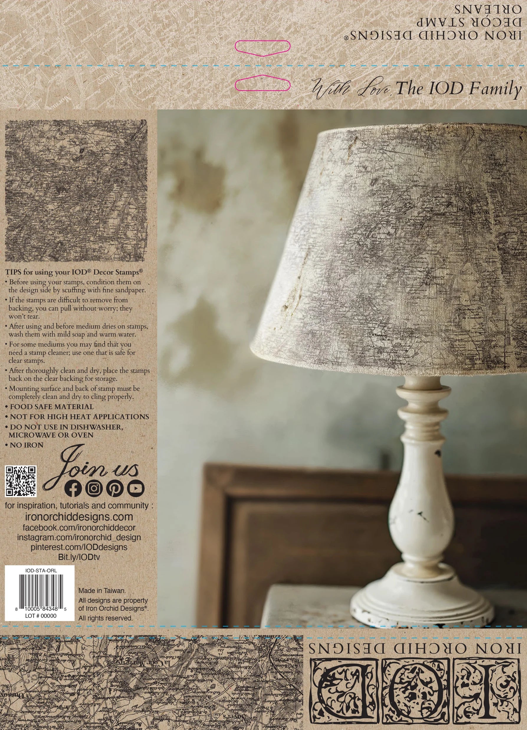 Back cover of the IOD stamp Orleans with an example stamp on a canvas lamp shade, as well as instructions on using IOD stamps.