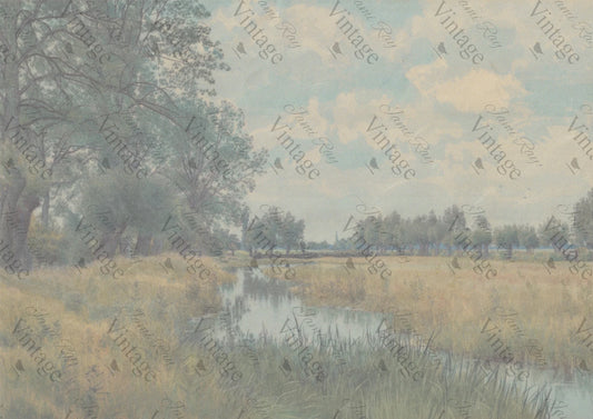 A section of rice paper with a printed pastoral river scene, labeled with the word 'Vintage' and a watermark of 'JRV'.