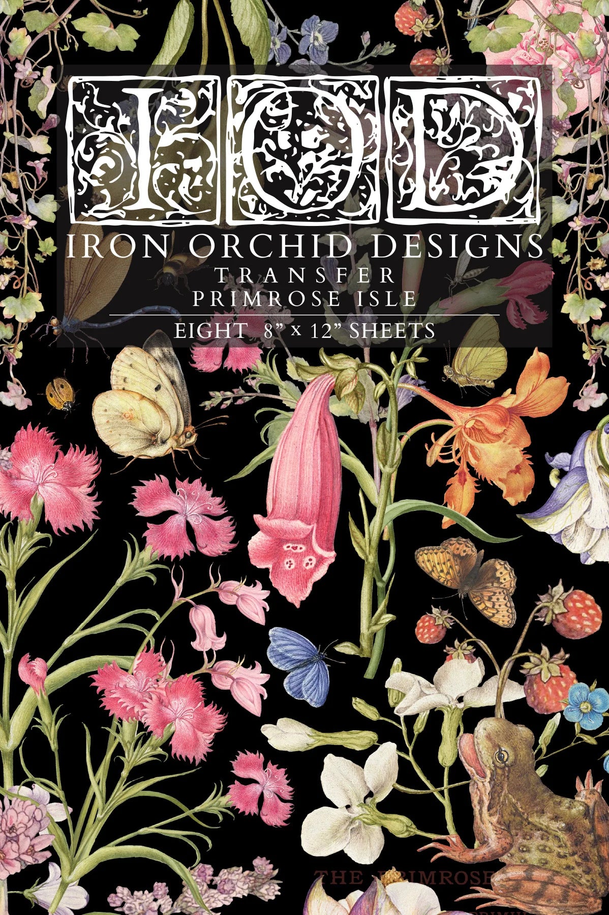 Iron Orchid Designs transfer paper front cover packaging with floral and butterfly design on a black background