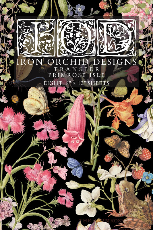 Iron Orchid Designs transfer paper front cover packaging with floral and butterfly design on a black background