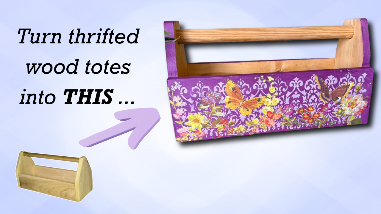 Load video: Tutorial on how to turn thrifted wooden totes and caddys into upcycled decor.