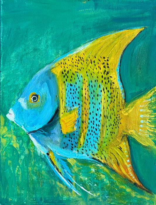 A colorful painted fish, likely an angelfish, with a bright blue head and body, yellow and green sides, and black speckles, set against a textured teal underwater background.