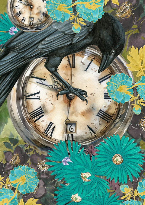 A colorful decoupage paper with a bohemian pattern featuring birds, flowers, and a clock.