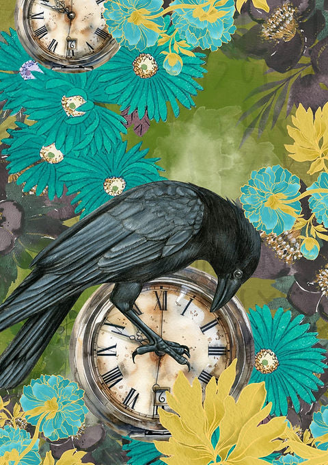 An A3 size decoupage paper with blue and yellow flowers and a raven perched on a vintage stopwatch.