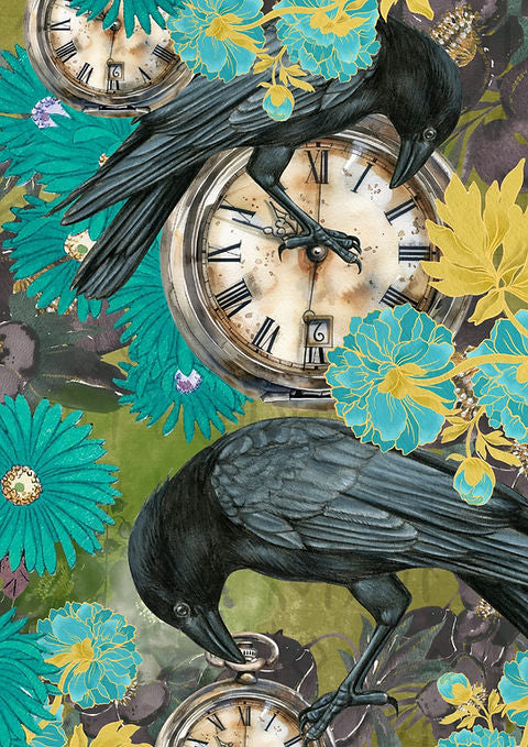A blue and yellow decoupage paper with two ravens, stopwatches, and blue and yellow bohemian flowers.