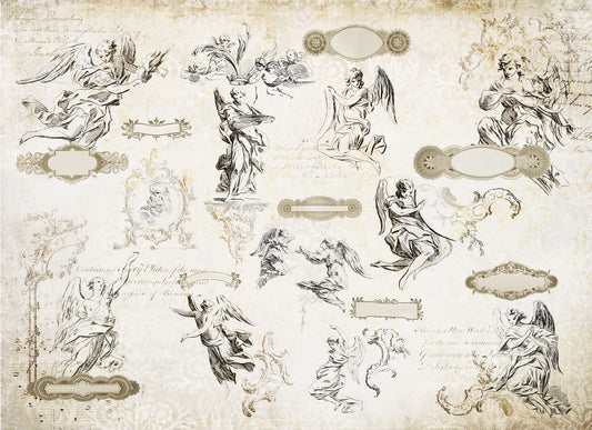 Decorative decoupage paper with classical angel illustrations on a textured background