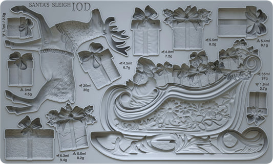 A mould sheet for creating Santa's sleigh with various parts and sizes labeled, including details of a sleigh, presents, and reindeer.