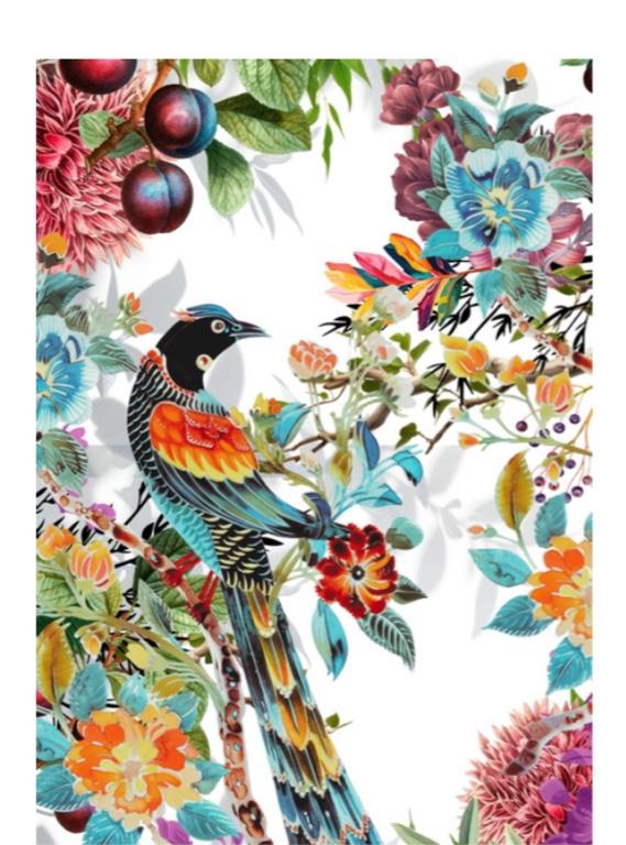 A3 size decoupage paper of a colorful bird and floral design on a white background
