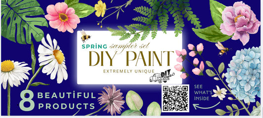 Promotional flyer for DIY paint set with flowers and leaves on a blue background