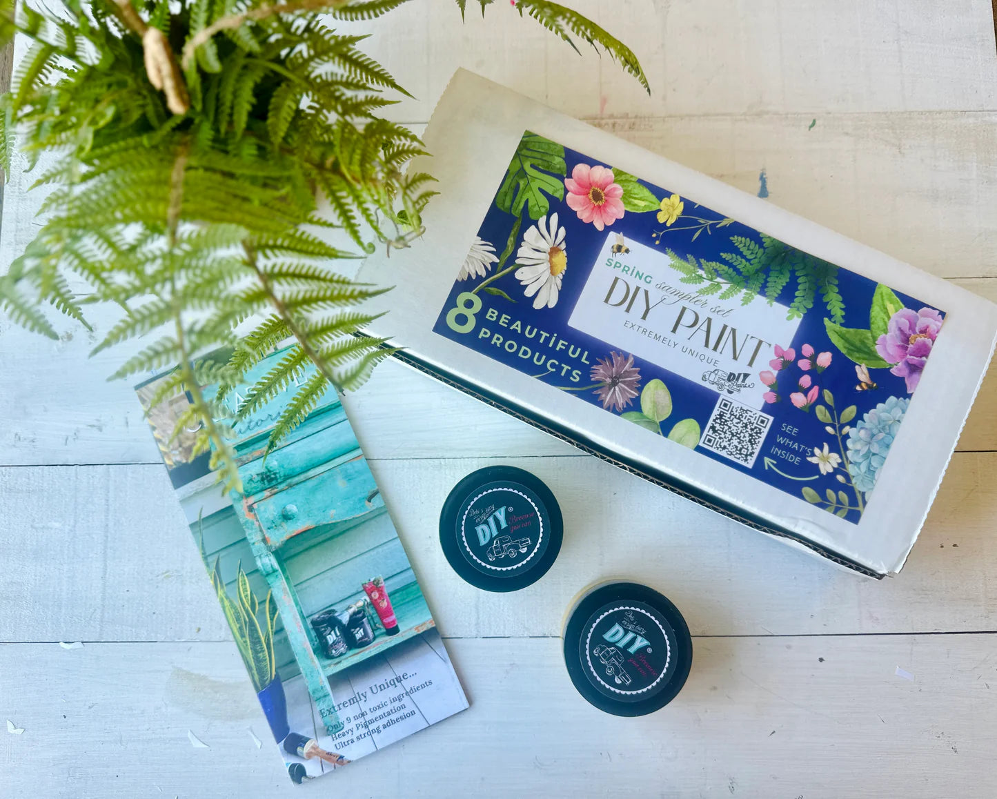 Box of DIY paint products with paint samples and a plant on a wooden surface