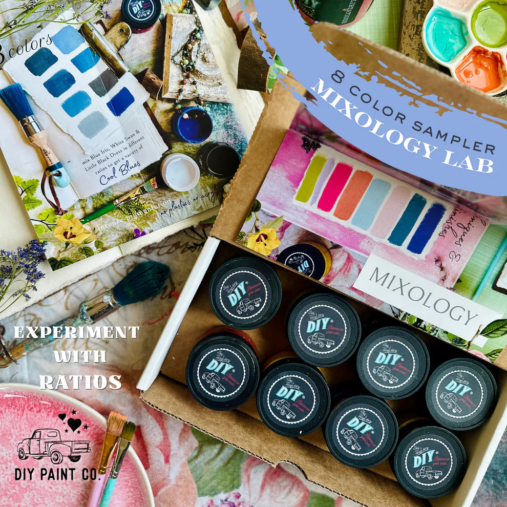 Color sampler and paint-related items with 'DIY Paint Co.' branding.