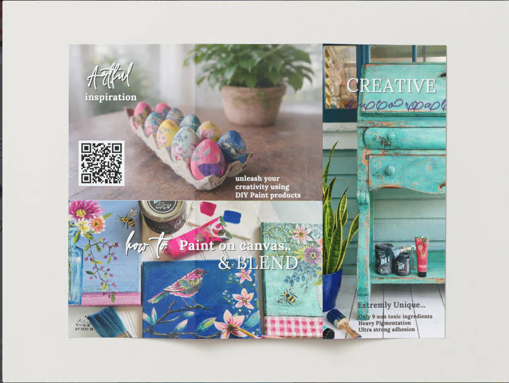 Collage of DIY paint product images with text and a QR code on a white background