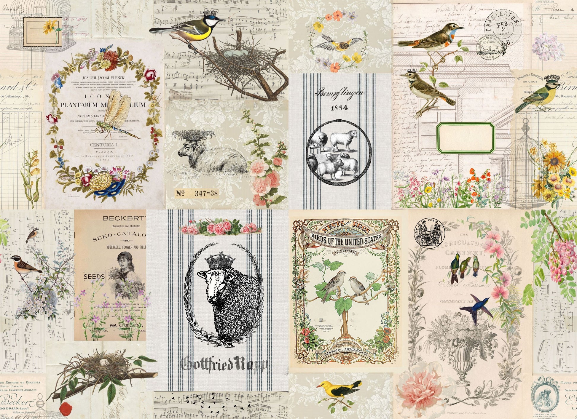 A collage of spring themed postcards and stamps.