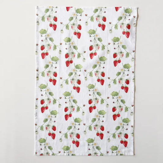 Tea towel with strawberry pattern on a white background