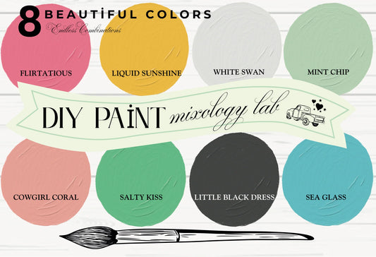 Color swatches with names and a paint mixer logo on a white background