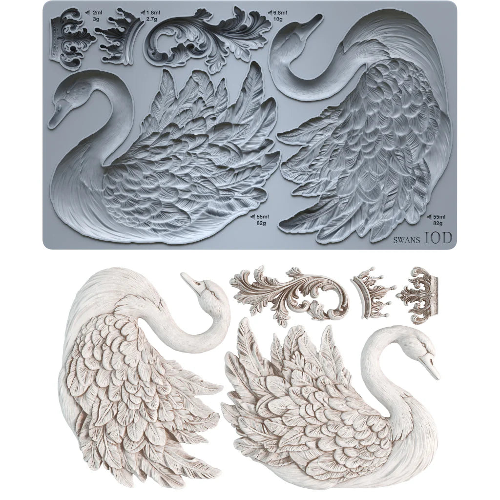 Silicone mold with swan designs and examples of swans made from it on a white background
