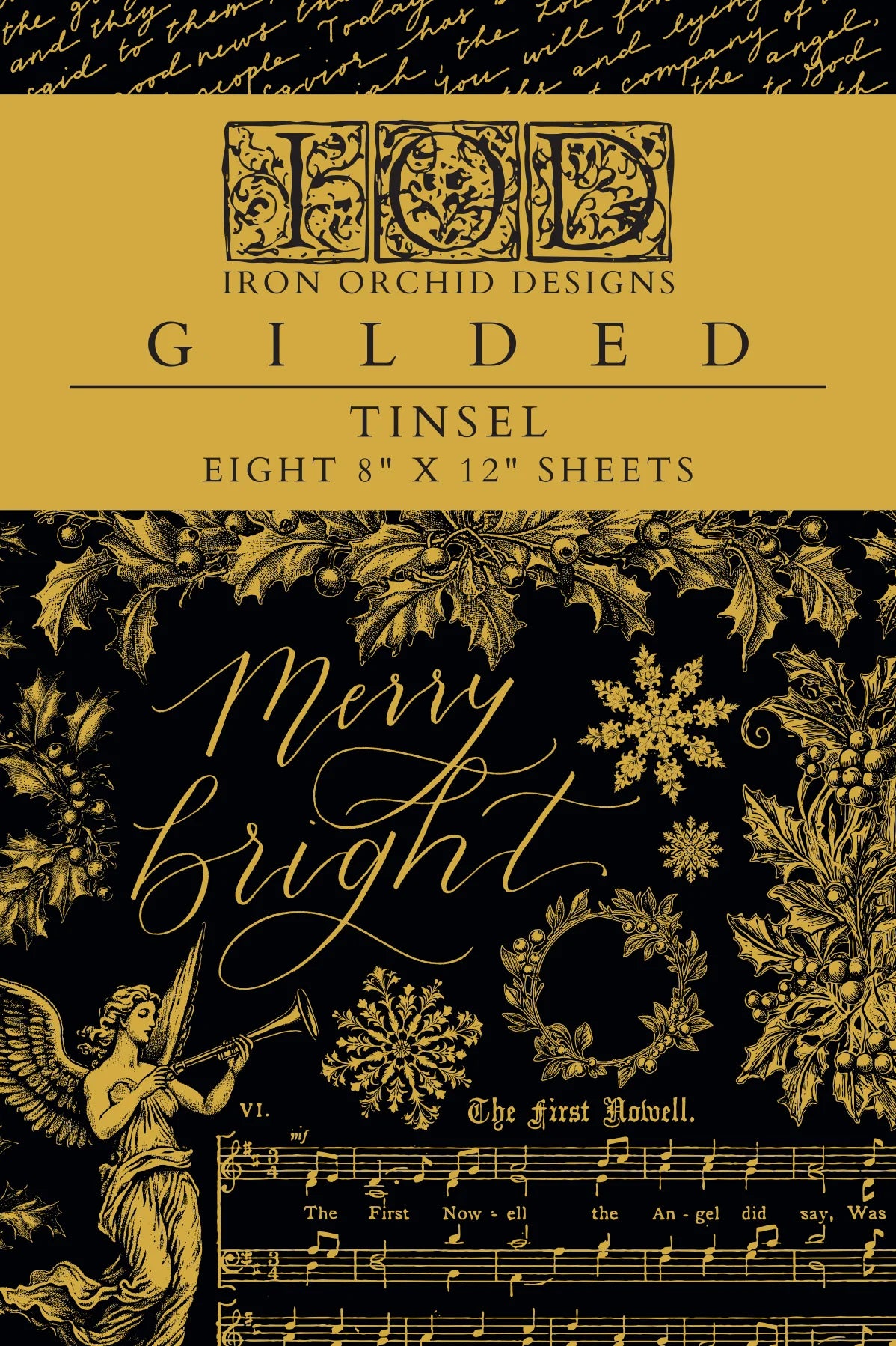 Packaging for Tinsel gilded Christmas transfer sheets designed by Iron Orchid Designs, featuring holiday motifs and decorative text.