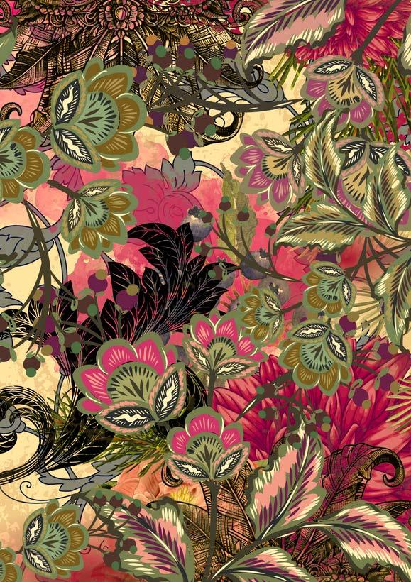 A decoupage paper with a colorful floral and leaf pattern with a mix of pink, green, and black on a beige background.