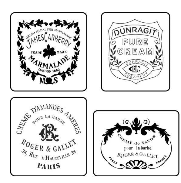 4 different stencils of different food labels.