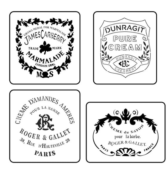 4 different stencils of different food labels.