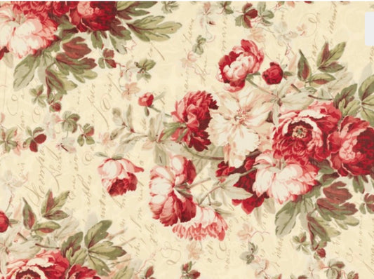 A decoupage paper of vintage floral wallpaper featuring a pattern with red flowers.