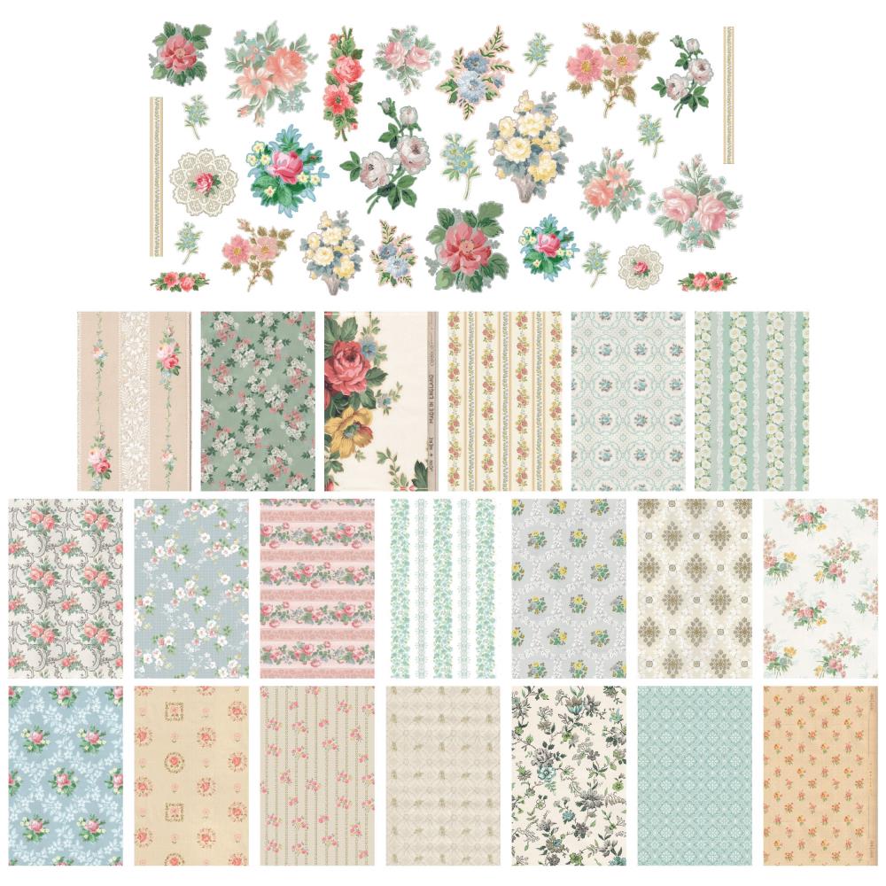 Collection of floral and patterned paper sheets on a white background