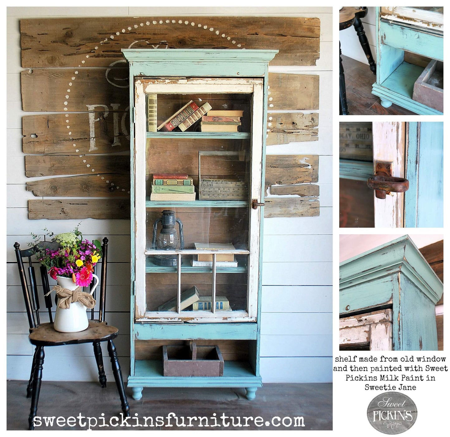 A shelf made from old window and painted in Sweet Pickins milk paint in "Sweetie Jane" with four different photos to show different angles.