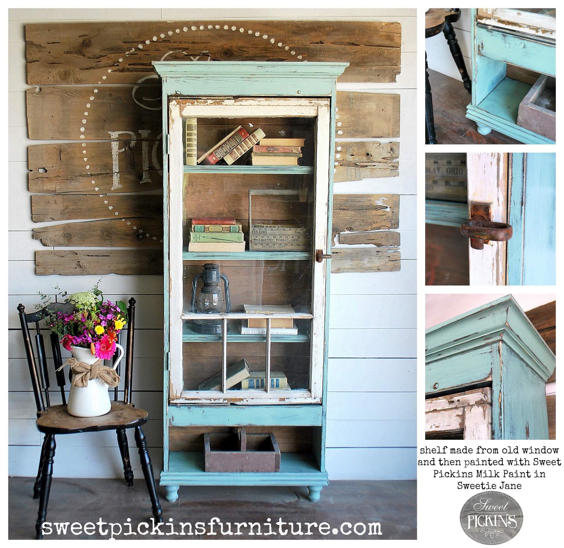 A shelf made from old window and painted in Sweet Pickins milk paint in "Sweetie Jane" with four different photos to show different angles.