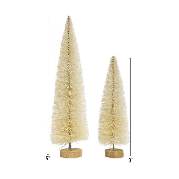 Two beige artificial Christmas trees with wooden bases on a white background, with measurements indicated.