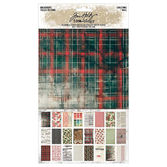 Packaging of Tim Holtz Idea-ology paper pack with plaid patterns and small designs.
