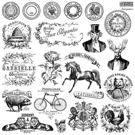 A stamp set called "Antiquities" with various decorative stamps featuring antique designs, including animals, plants, and inanimate objects.