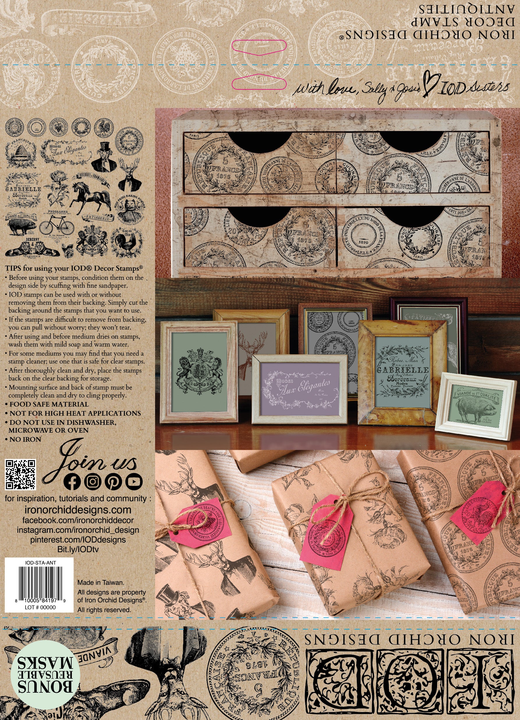 Back cover of the "Antiquities" stamp from IOD, with example vintage-themed projects as well as stamping instructions.