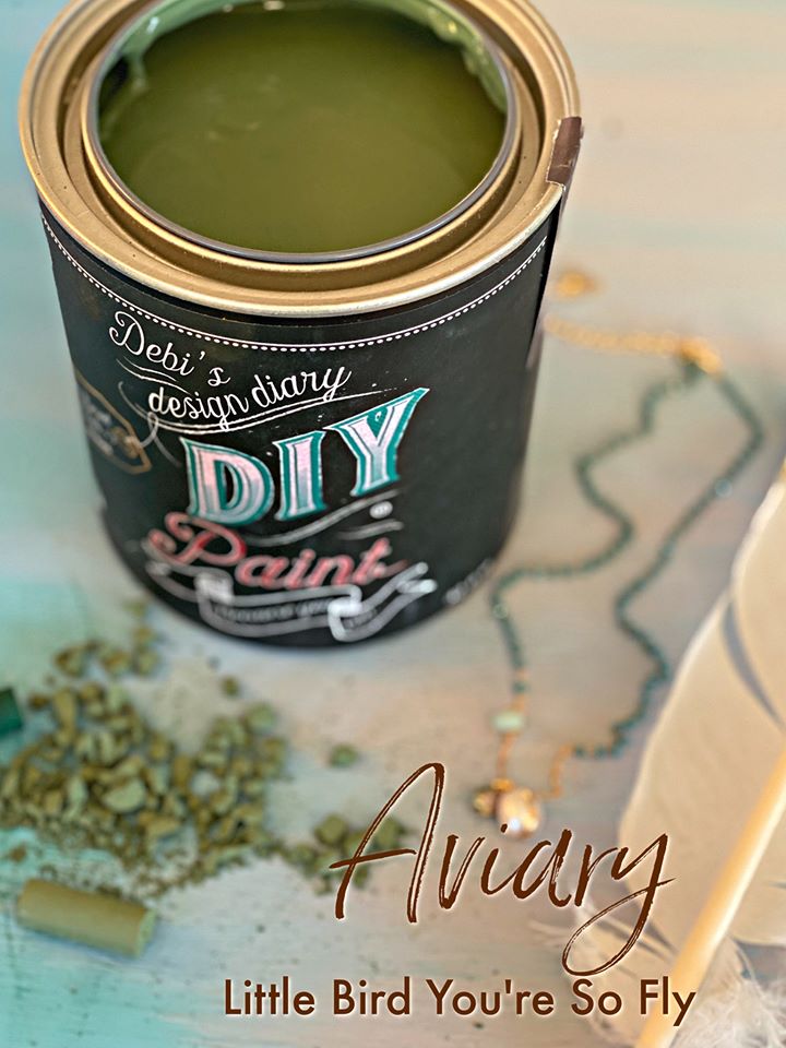 A can of DIY Paint branded as Aviary with a sample of green paint visible at the top, surrounded by decorative elements like a strand of beads and a small bird figurine.
