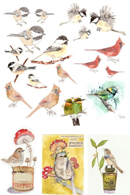 A decoupage paper featuring watercolor illustrations of various birds, some with floral elements, suitable for crafting and decoupage.