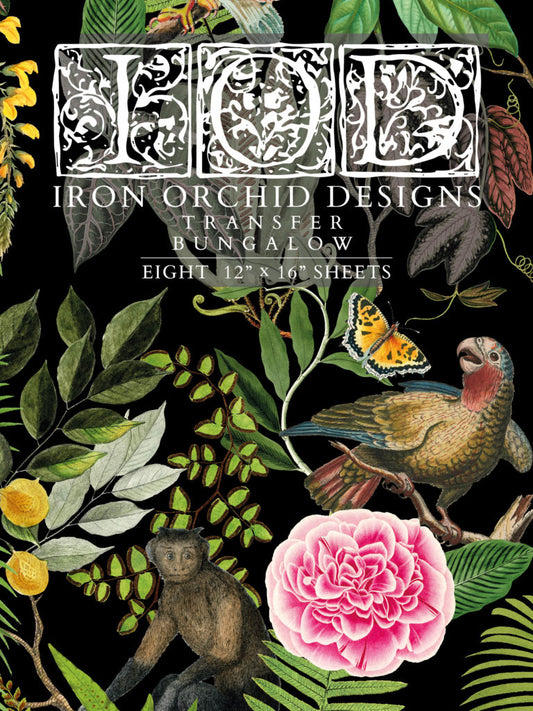 Front cover of a collection of Iron Orchid Designs transfer sheets with floral and animal imagery including a bird and a monkey.