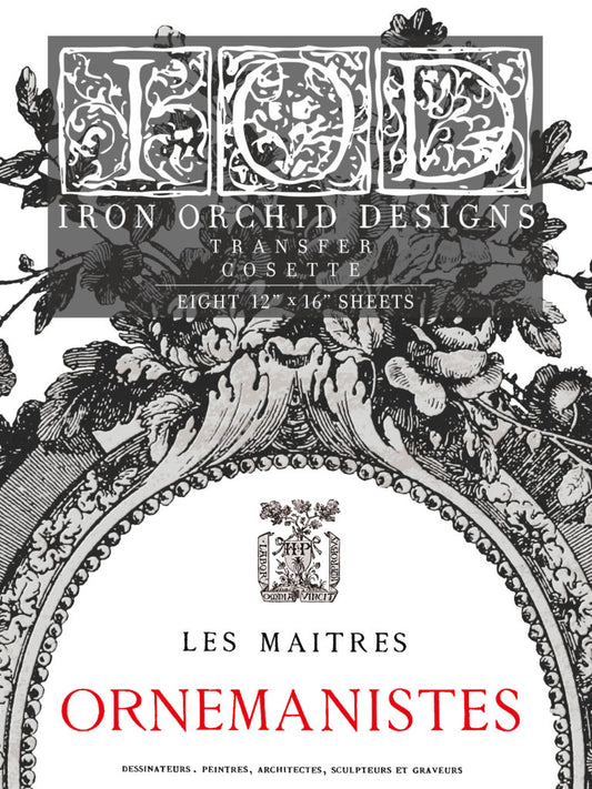 Front cover of the Cosette transfer from IOD, featuring an ornate frame and the phrase "Les Maitres Ornemanistes"