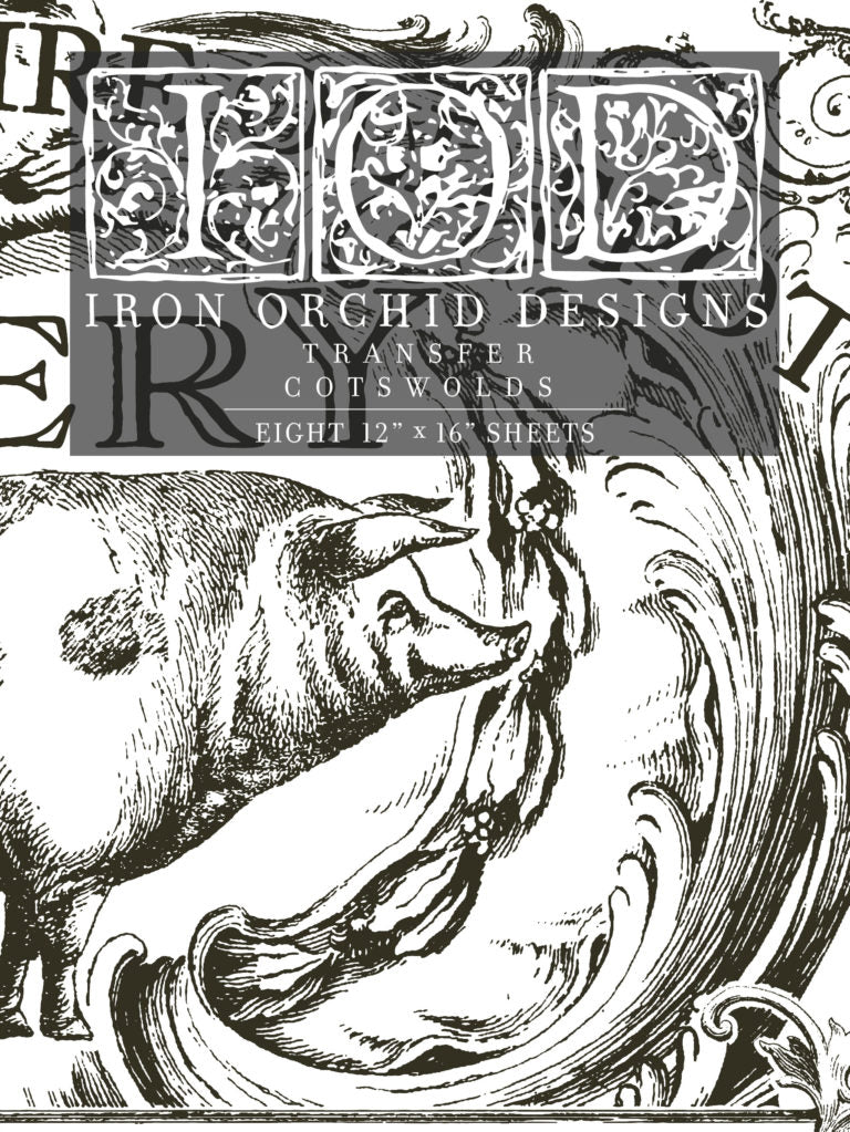 Packaging for 'Cotswolds - IOD Transfer' by Iron Orchid Designs, showing a detailed black and white design with animal and floral elements.