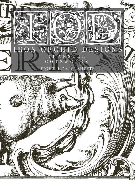 Packaging for 'Cotswolds - IOD Transfer' by Iron Orchid Designs, showing a detailed black and white design with animal and floral elements.