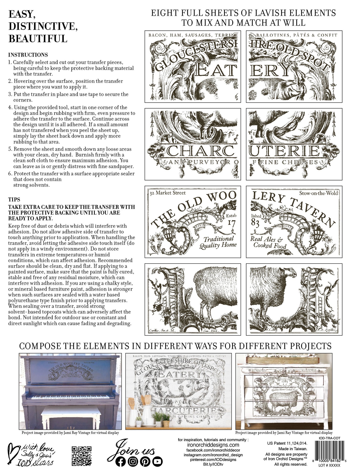 Back packagin for 'Cotswolds Transfer by IOD' with previews of the transfer pages and instructions on using transfers.