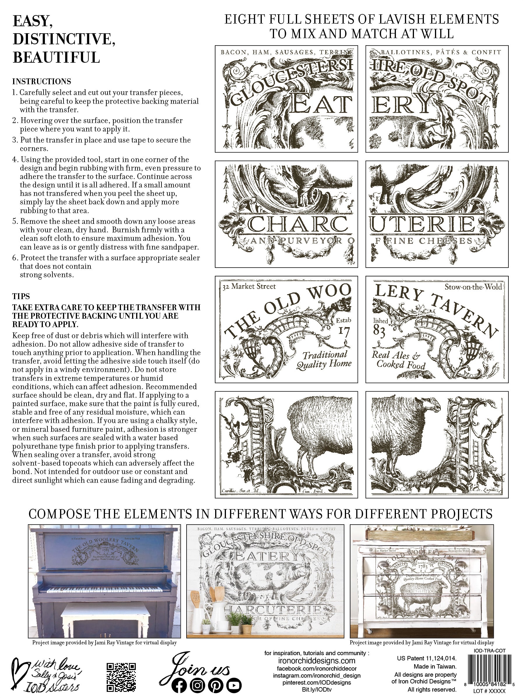 Back packagin for 'Cotswolds Transfer by IOD' with previews of the transfer pages and instructions on using transfers.
