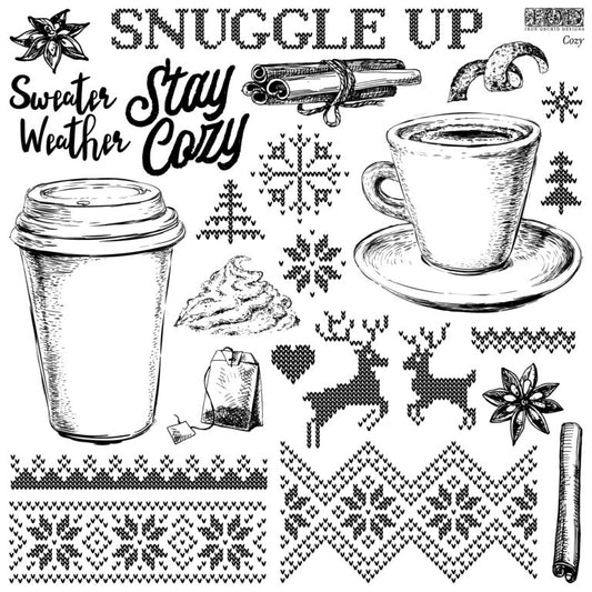 A collection of decorative stamps with holiday-themed designs including a mug with marshmallows, a reindeer, snowflakes, and text phrases like 'Stay Weather Cozy'.